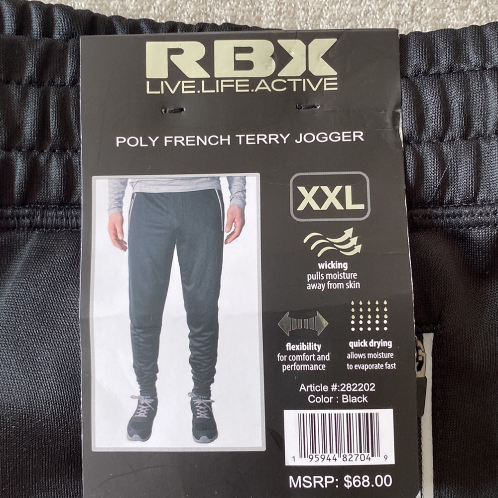 RBX Poly French Terry Black Jogger Size XXL. NWT.